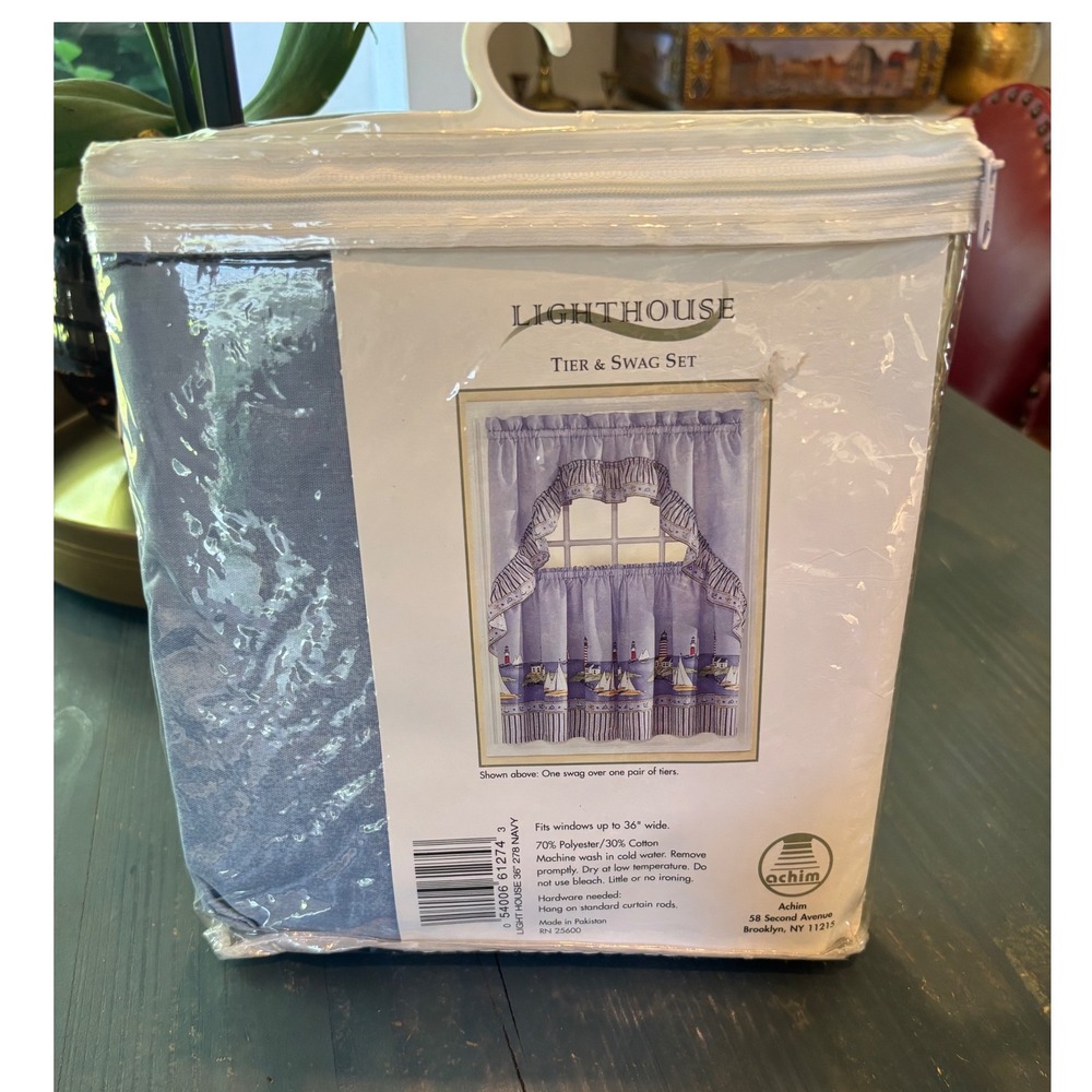 NEW AchimLighthouse Navy Blue Tier Swag Set Nautical  Curtains 36in Tier